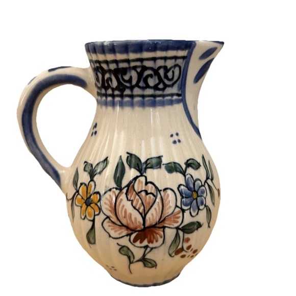 Vintage Hand Painted Italian Pottery Pitcher Floral Jug 5” Farmhouse Decor - Picture 2 of 7